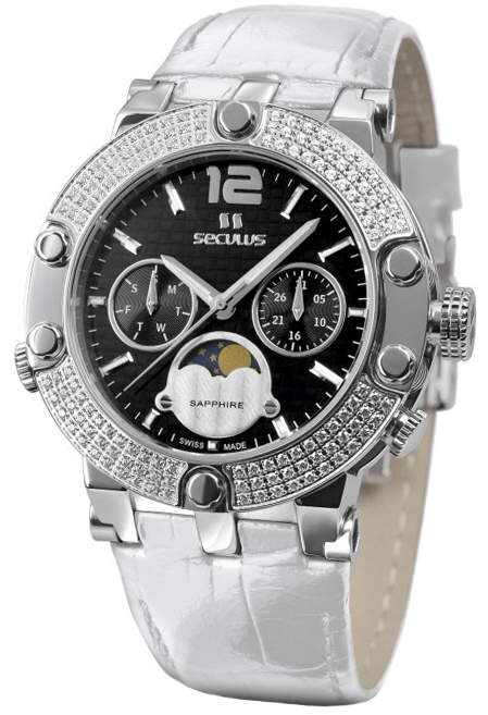 часы 1690.5.706 black, ss with stones, white leather  
